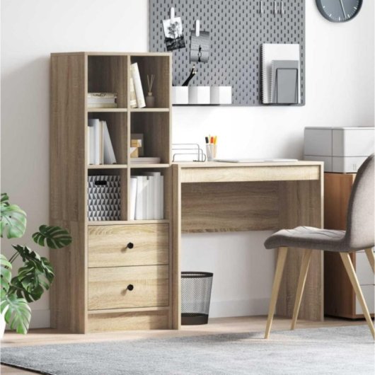 Escritorio Buck roble Sonoma compacto, 6 compartimentos, 2 cajones, tablero de partículas resistente