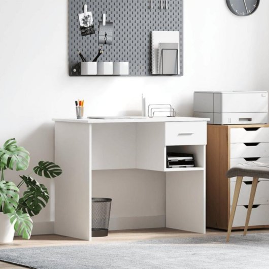 Escritorio Fang blanco con cajón integrado y estantería lateral, compacto y resistente
