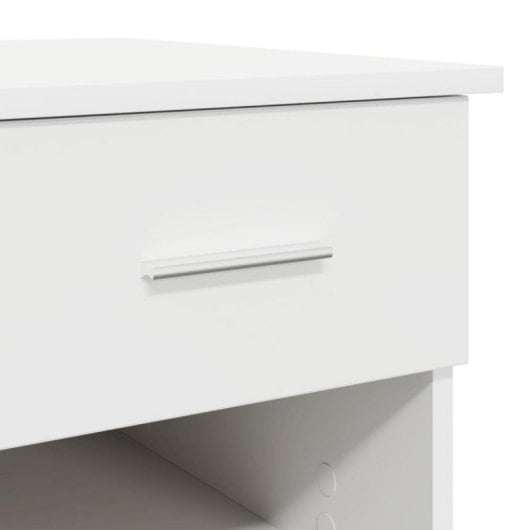 Escritorio Fang blanco con cajón integrado y estantería lateral, compacto y resistente