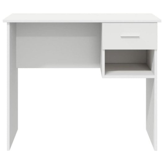 Escritorio Fang blanco con cajón integrado y estantería lateral, compacto y resistente