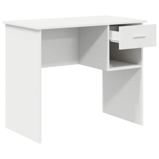 Escritorio Fang blanco con cajón integrado y estantería lateral, compacto y resistente
