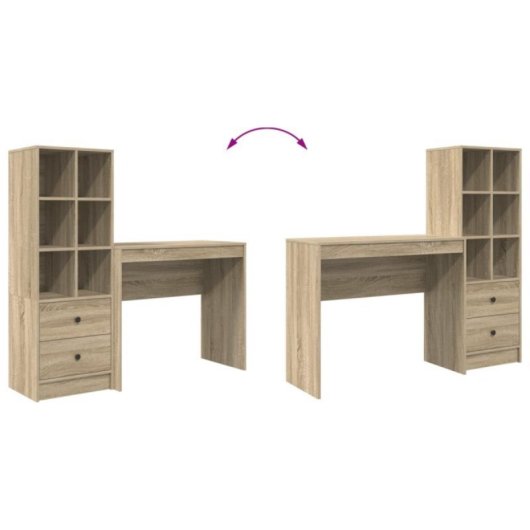 Escritorio Arnold MDF roble sonoma con estantería reversible, 6 compartimentos y 2 cajones