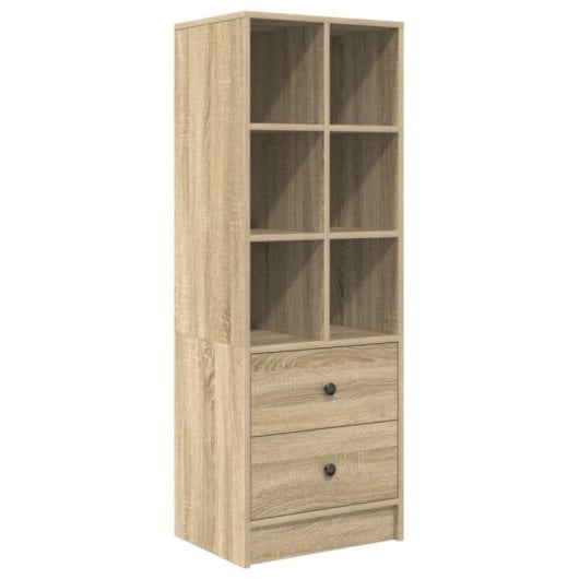 Escritorio Arnold MDF roble sonoma con estantería reversible, 6 compartimentos y 2 cajones