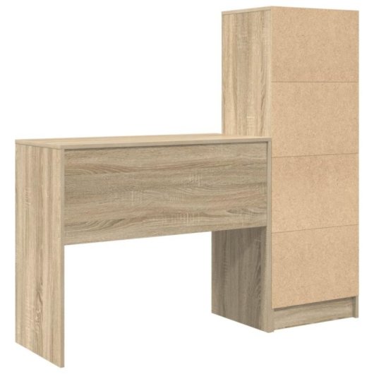 Escritorio Arnold MDF roble sonoma con estantería reversible, 6 compartimentos y 2 cajones