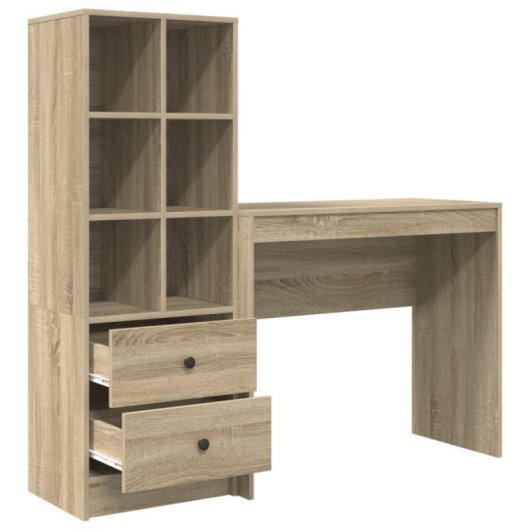 Escritorio Arnold MDF roble sonoma con estantería reversible, 6 compartimentos y 2 cajones