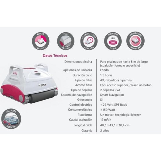 Robot limpiafondos BWT D100, filtración 4D, 90min, navegación giroscopio, cable 16m, piscinas hasta 8m