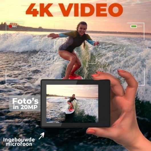 Cámara deportiva 4K Ultra HD, sensor CMOS 8 MP, Wi-Fi, pantalla LCD 2", sumergible 40 m, batería 1050 mAh, MicroSD hasta