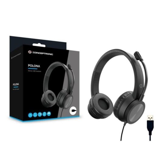 Auriculares Conceptronic POLONA05B com cabo USB A, Cancelamento de Ruído, Microfone Boom, Preto