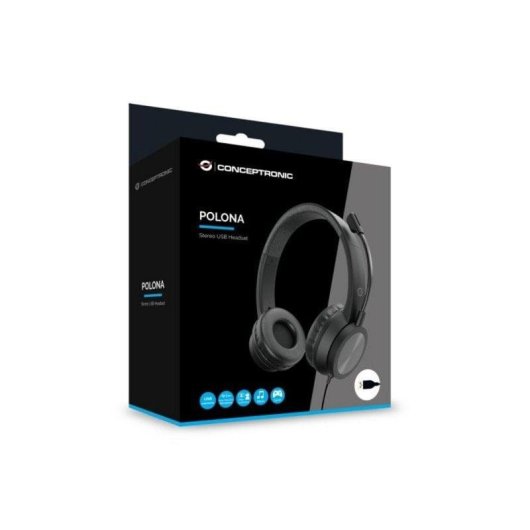 Auriculares Conceptronic POLONA05B com cabo USB A, Cancelamento de Ruído, Microfone Boom, Preto