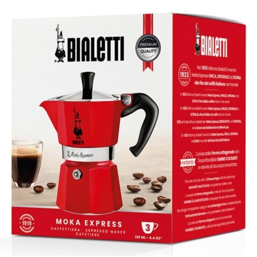 Máquina de café italiana Bialetti Moka Express Vermelha 3 xícaras Alumínio válvula segurança