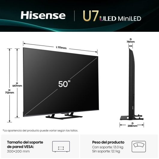 Hisense 50U7Q Mini LED 50" 4K Modo Jogo 144Hz Smart TV HDR10+ Dolby Atmos
