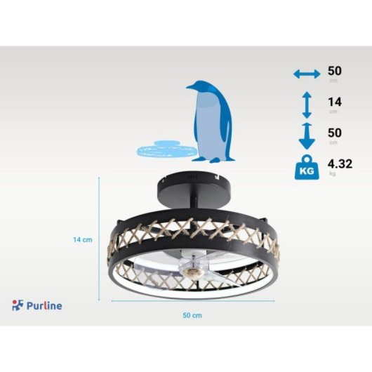 Ventilador de techo reversible CEILY ROPE DC 52W luz LED 6 velocidades y control Bluetooth