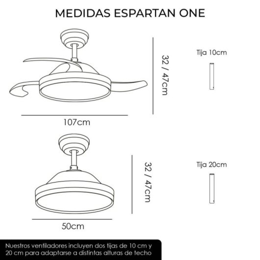 Ventilador de techo LED con luz regulable, 6 velocidades, aspas retráctiles y control remoto