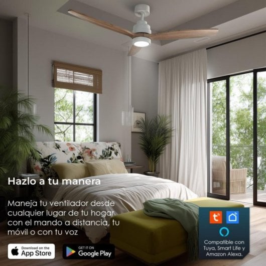 Ventilador de techo HELIX, 132 cm, motor DC, aspas madera haya, LED regulable, compatible Alexa
