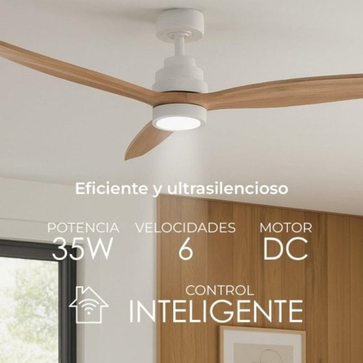 Ventilador de techo HELIX, 132 cm, motor DC, aspas madera haya, LED regulable, compatible Alexa