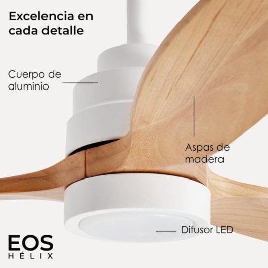 Ventilador de techo HELIX, 132 cm, motor DC, aspas madera haya, LED regulable, compatible Alexa