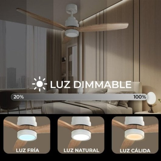 Ventilador de techo HELIX, 132 cm, motor DC, aspas madera haya, LED regulable, compatible Alexa