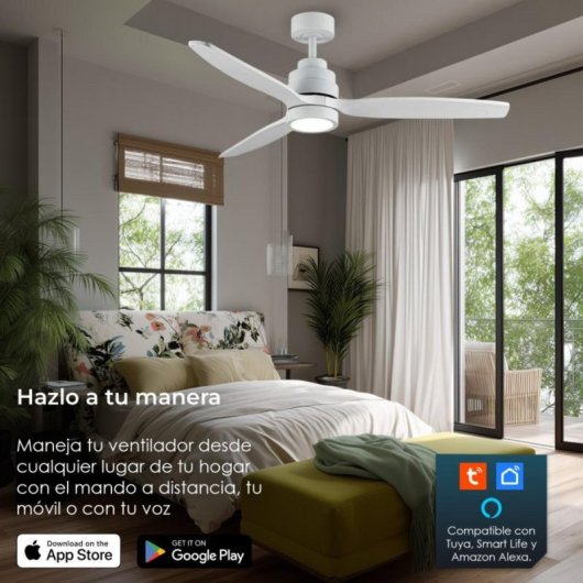 Ventilador de techo HELIX 132cm motor DC, aspas haya, luz LED regulable, Alexa y App