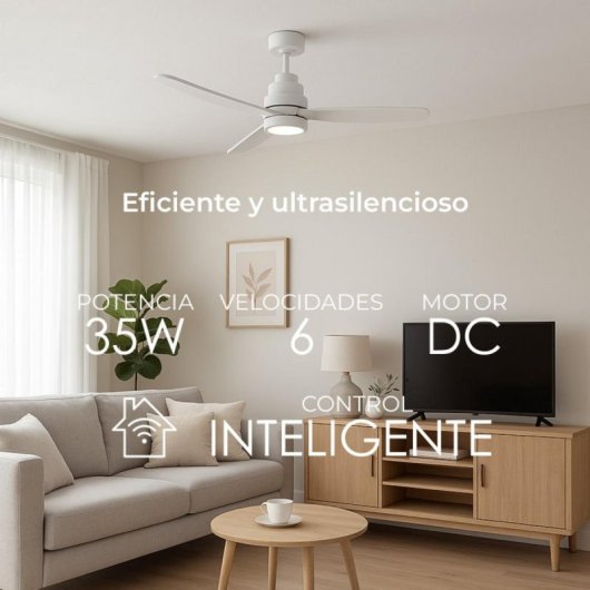 Ventilador de techo HELIX 132cm motor DC, aspas haya, luz LED regulable, Alexa y App