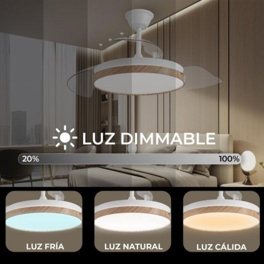 Ventilador de techo inteligente con aspas retráctiles, LED regulable, control Alexa y modo invierno/verano