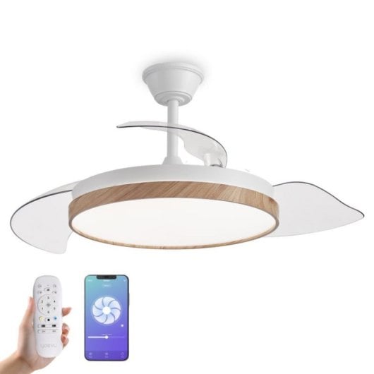 Ventilador de techo inteligente con aspas retráctiles, luz LED regulable, control por voz Alexa, función invierno/verano