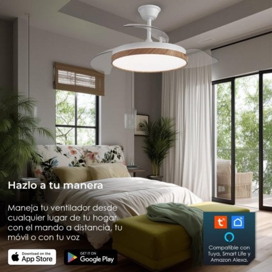 Ventilador de techo inteligente con aspas retráctiles, luz LED regulable, control por voz Alexa, función invierno/verano