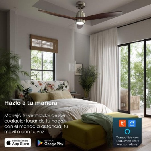 Ventilador de techo HELIX 132cm, motor DC, aspas madera haya, LED regulable, Alexa/App