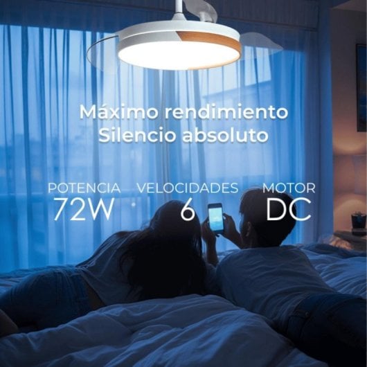 Ventoinha de Teto LED com Pás Retráteis, Luz Regulável e Função Inverno/Verão ABS