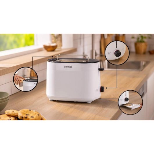 Tostadora Bosch MyMoment TAT2M121 950W 2 Ranuras Blanca Libre de BPA Plástico Control Giratorio