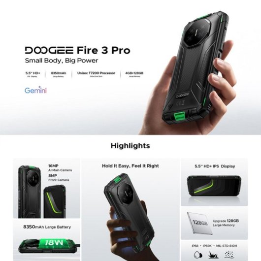 DOOGEE Fire 3 Pro Smartphone 4 GB RAM 128 GB 5,5" 8350 mAh Dual SIM NFC Android 15 Arancione