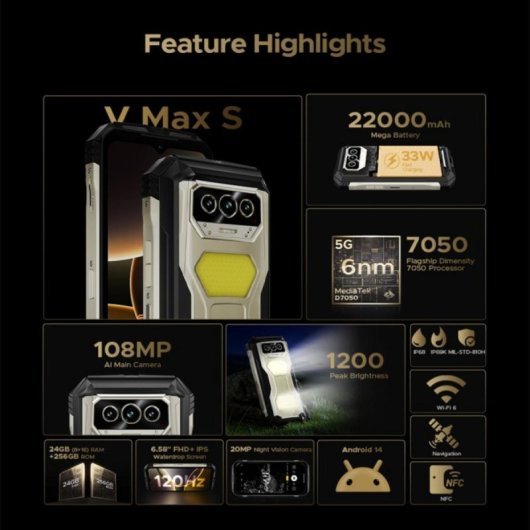 Smartphone DOOGEE V Max S 5G 8GB 256GB 6.58" 22000mAh Android 14 NFC Face ID Dorado