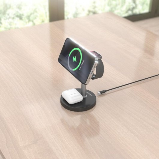 Cargador sans fil USB-C 3 en 1 15W pour mobile, Apple Watch, écouteurs, noir