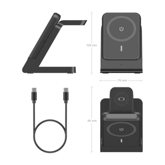 Cargador sans fil USB-C 4 en 1 de 15W pour Smartphone, Apple Watch et écouteurs, Noir