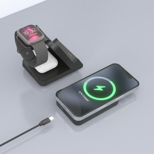 Cargador sans fil USB-C 4 en 1 de 15W pour Smartphone, Apple Watch et écouteurs, Noir