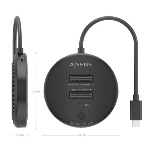 Aisens ASDS-2M2N05-BK Dock USB 3.2 Gen2x2 20Gbps com 2x Baías M.2 NVMe e Clonagem Sem PC em ABS Preto
