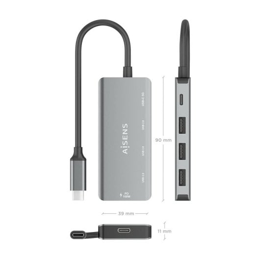 Hub USB 3.1 USB-C Aisens 1xUSB-C PD 100W + 1xUSB-C 3.0 + 3xUSB-A 2.0, Gris, 15cm