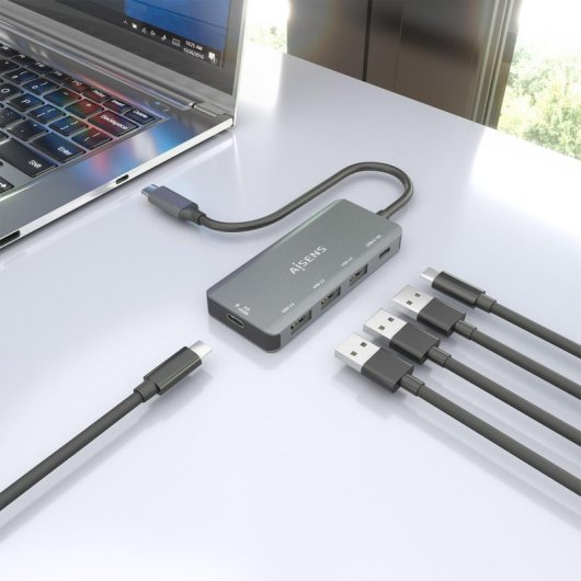 Hub USB 3.1 USB-C Aisens 1xUSB-C PD 100W + 1xUSB-C 3.0 + 3xUSB-A 2.0, Gris, 15cm