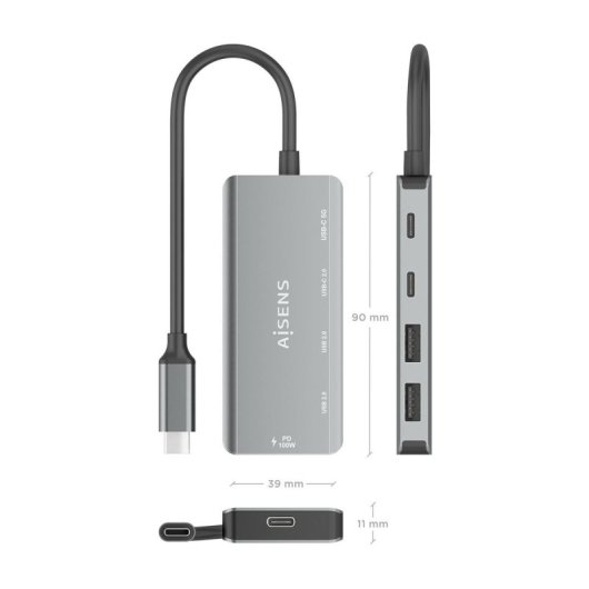 AISENS Hub USB-C 100W PD, 5 Gbit/s, Aluminium, 15cm, Grau, 4 USB-Anschlüsse