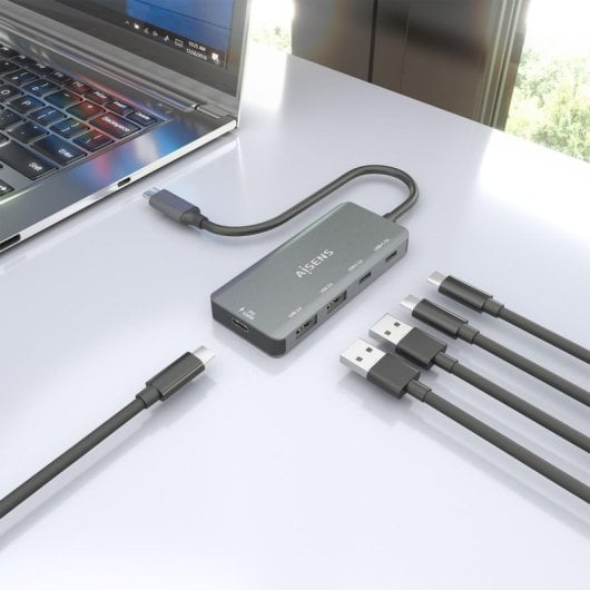 AISENS Hub USB-C 100W PD, 5 Gbit/s, Aluminium, 15cm, Grau, 4 USB-Anschlüsse