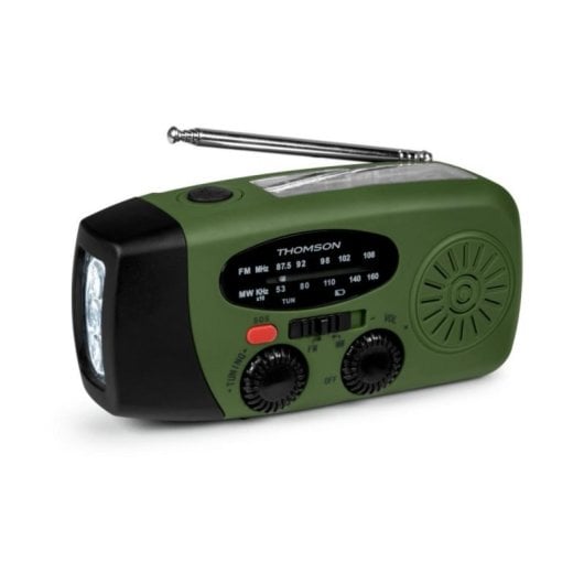 Thomson RT260 Rádio Portátil Solar de Emergência com 2000mAh, USB-C, AM/FM/MW, Lanterna LED e IPX3 Verde