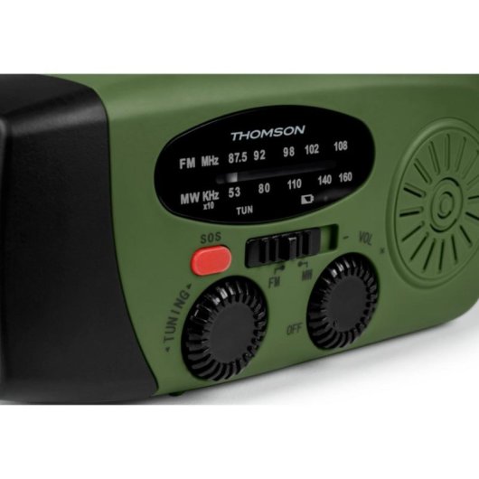 Thomson RT260 Rádio Portátil Solar de Emergência com 2000mAh, USB-C, AM/FM/MW, Lanterna LED e IPX3 Verde