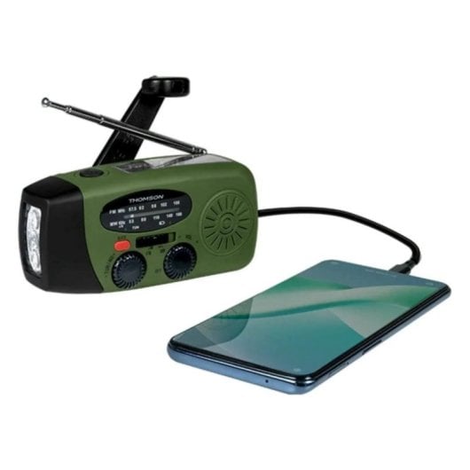 Thomson RT260 Rádio Portátil Solar de Emergência com 2000mAh, USB-C, AM/FM/MW, Lanterna LED e IPX3 Verde