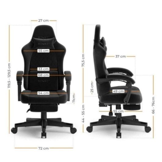 Silla Sense7 Devon Negra, reclinación 90-135°, piel ecológica HDE™ o Alcantara, soporte lumbar y reposapiés extensible