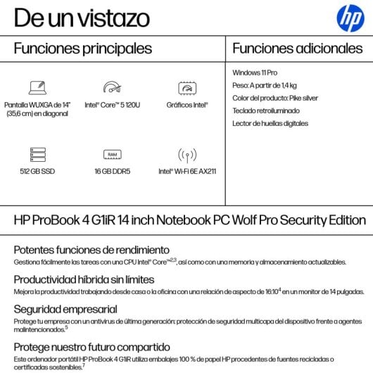 Portátil HP ProBook 4 G1i 14" Intel Core Ultra 5 225U 16GB 512GB SSD AI PC