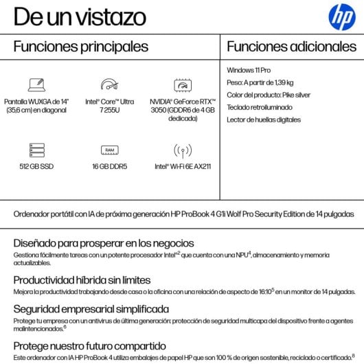 Portátil HP ProBook 4 G1i 14" Intel Core Ultra 7 255U 16GB 512GB SSD AI PC Windows 11 Pro