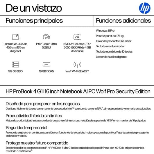 Portátil HP ProBook 4 G1i 16" Intel Core Ultra 5 12C 16GB 512GB SSD AI PC