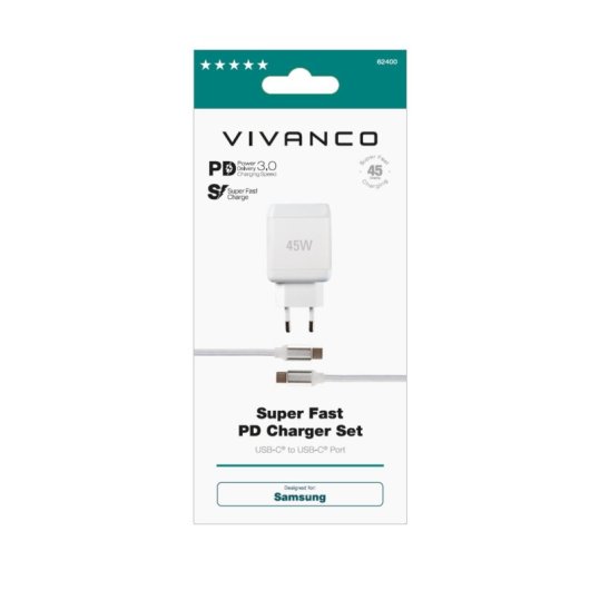 Carregador Vivanco Super Fast USB-C 45W 1m Branco Universal Power Delivery