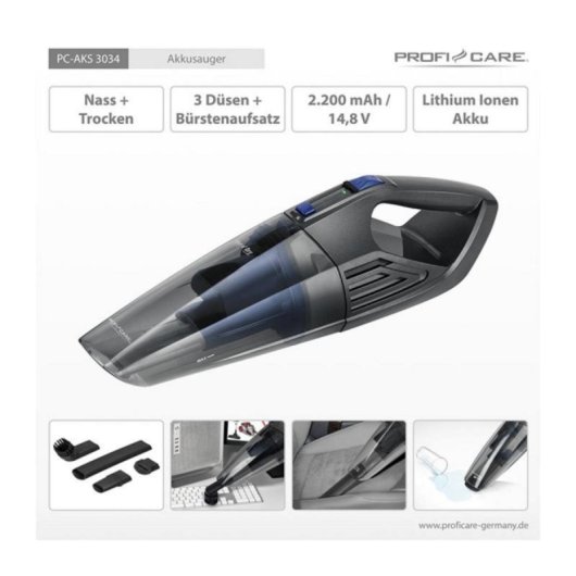 Handstaubsauger Nass- und Trocken ProfiCare PC-AKS 3034 14,8 V Lithium-Ionen Akku 20 Min Laufzeit