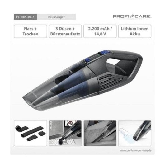 Aspirador de Mão sem Fios ProfiCare PC-AKS 3034 14.8V 20min Seco e Húmido Acessórios