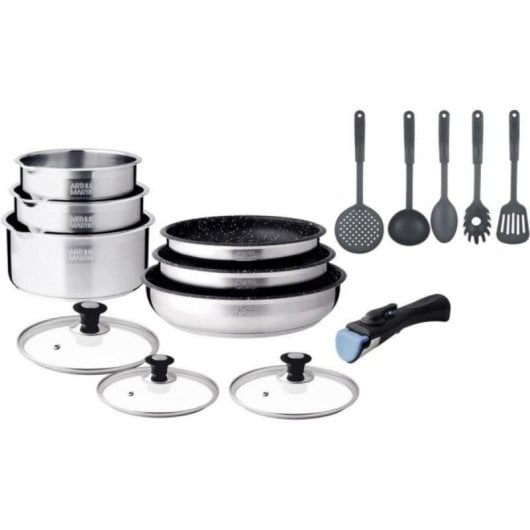 Set batería de cocina inox profesional 2 sartenes antiadherentes, 3 cacerolas, mango extraíble, utensilios nylon